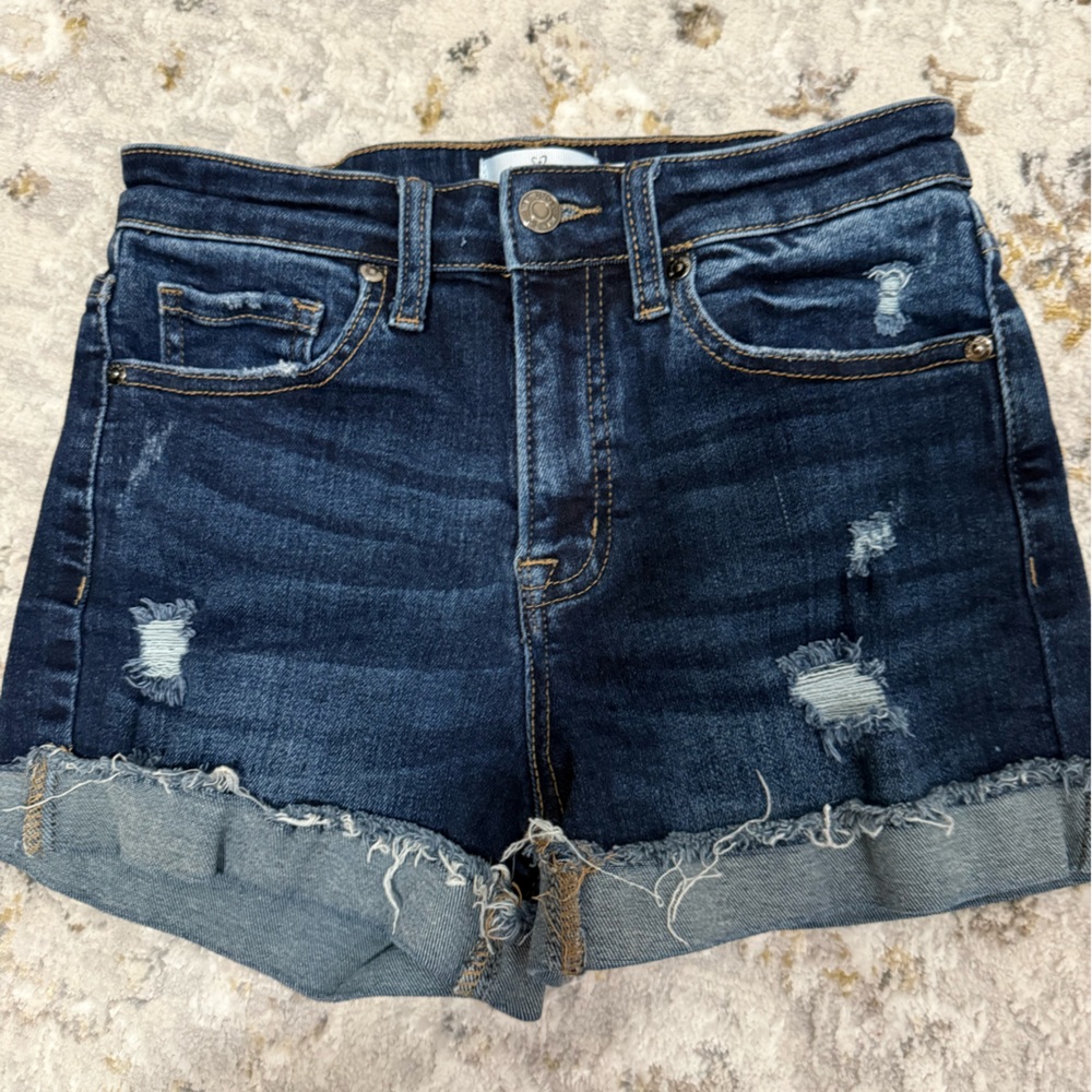 Windsor Dark Blue Distressed Rolled Hem Jean Shorts